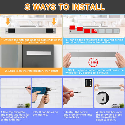 10 Inch Magnetic Knife Holder for Refrigerator, Stainless Steel Double Sided Magnet Knife Strip for Wall, No Drilling Magnetic Knife Rack with Powerful Magnetic Pull Force Fridge Applicable