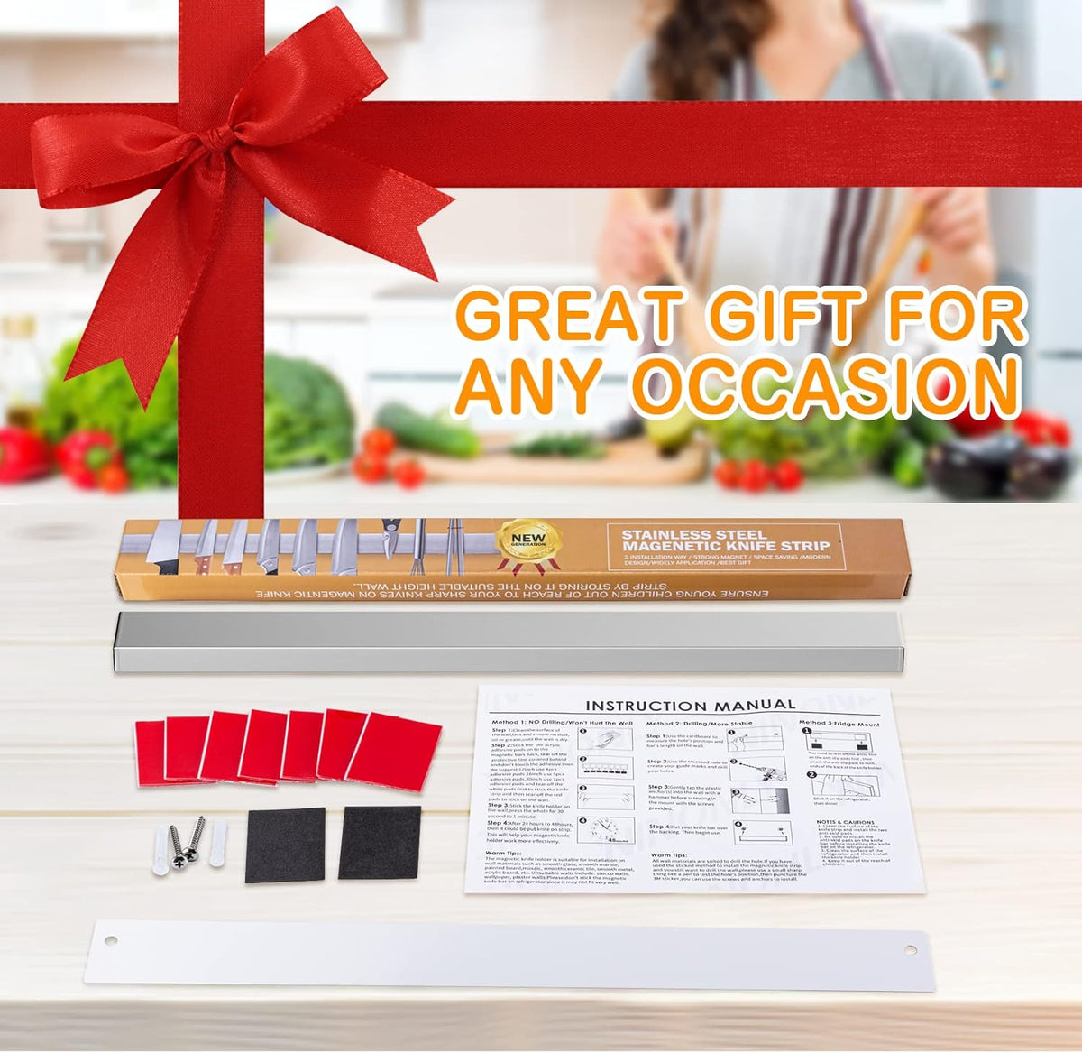10 Inch Magnetic Knife Holder for Refrigerator, Stainless Steel Double Sided Magnet Knife Strip for Wall, No Drilling Magnetic Knife Rack with Powerful Magnetic Pull Force Fridge Applicable