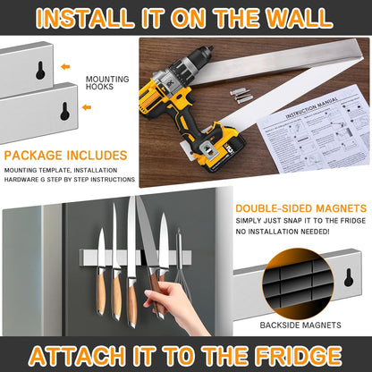 10 Inch Magnetic Knife Holder for Refrigerator, Stainless Steel Double Sided Magnet Knife Strip for Wall, No Drilling Magnetic Knife Rack with Powerful Magnetic Pull Force Fridge Applicable