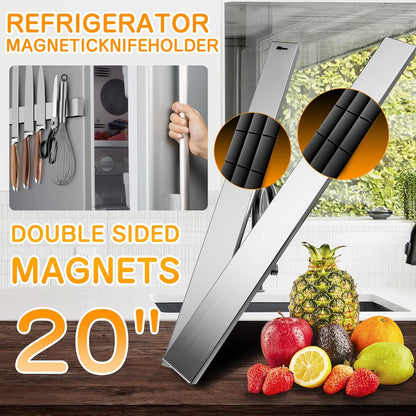 10 Inch Magnetic Knife Holder for Refrigerator, Stainless Steel Double Sided Magnet Knife Strip for Wall, No Drilling Magnetic Knife Rack with Powerful Magnetic Pull Force Fridge Applicable