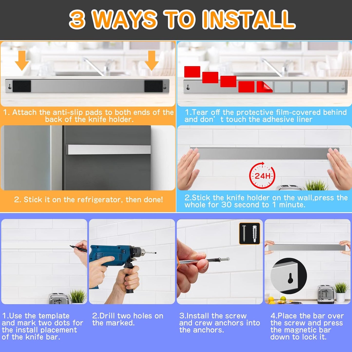 10 Inch Magnetic Knife Holder for Refrigerator, Stainless Steel Double Sided Magnet Knife Strip for Wall, No Drilling Magnetic Knife Rack with Powerful Magnetic Pull Force Fridge Applicable