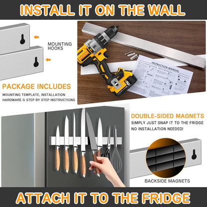 10 Inch Magnetic Knife Holder for Refrigerator, Stainless Steel Double Sided Magnet Knife Strip for Wall, No Drilling Magnetic Knife Rack with Powerful Magnetic Pull Force Fridge Applicable