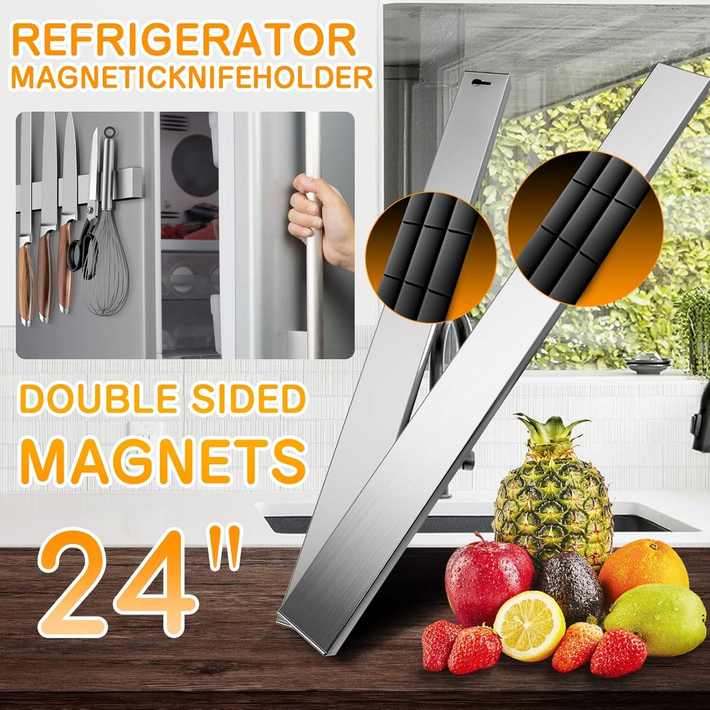 10 Inch Magnetic Knife Holder for Refrigerator, Stainless Steel Double Sided Magnet Knife Strip for Wall, No Drilling Magnetic Knife Rack with Powerful Magnetic Pull Force Fridge Applicable