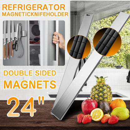 10 Inch Magnetic Knife Holder for Refrigerator, Stainless Steel Double Sided Magnet Knife Strip for Wall, No Drilling Magnetic Knife Rack with Powerful Magnetic Pull Force Fridge Applicable