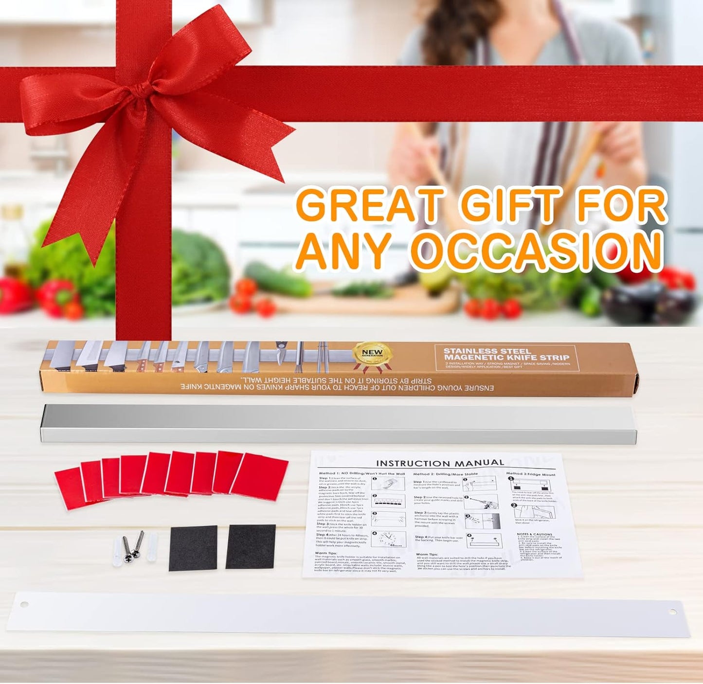 10 Inch Magnetic Knife Holder for Refrigerator, Stainless Steel Double Sided Magnet Knife Strip for Wall, No Drilling Magnetic Knife Rack with Powerful Magnetic Pull Force Fridge Applicable