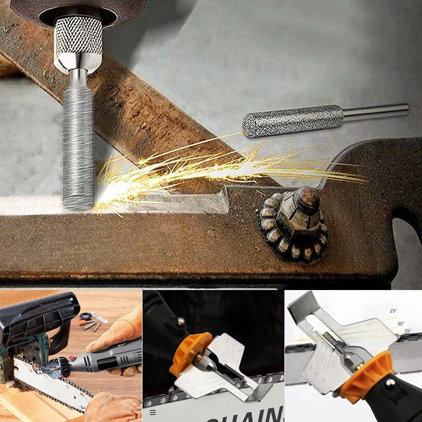Chainsaw Sharpening Attachment Kit - 8Pcs Chain Saw Blade Teeth Sharpener Set with Angle Guide and Diamond Burr Grinding Stone Files, Drill Power Tool Accessories for Gardening Lawn Mower Chainsaw