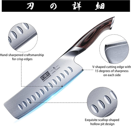 7 Inch Nakiri Knife, Ultra Sharp Japanese Kitchen Chef Knife | Multipurpose Japanese High Carbon Stainless Steel Meat Vegetable Sharp Kitchen Knife with Ergonomic Pakkawood Handle