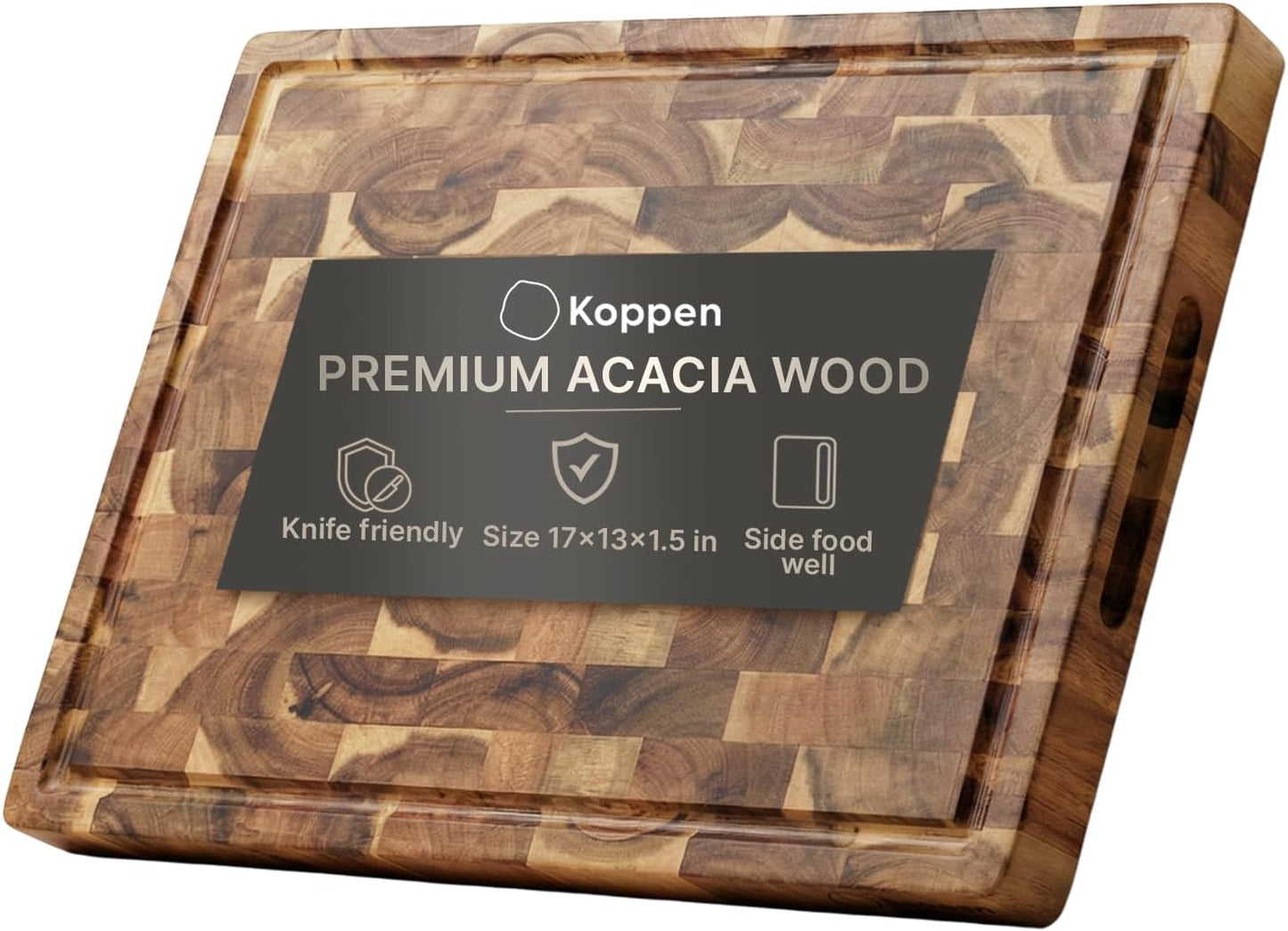 Acacia Wood End Grain Cutting Board, Medium 17 x 13 x 1.5in, Knife-Friendly Butcher Block with Juice Groove, Inner Handles, Food Well, Reversible Heavy-Duty Serving & Chopping Board, Gift Box Included