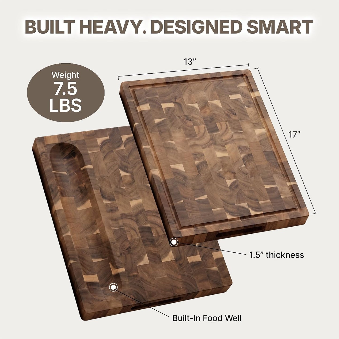 Acacia Wood End Grain Cutting Board, Medium 17 x 13 x 1.5in, Knife-Friendly Butcher Block with Juice Groove, Inner Handles, Food Well, Reversible Heavy-Duty Serving & Chopping Board, Gift Box Included
