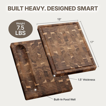 Acacia Wood End Grain Cutting Board, Medium 17 x 13 x 1.5in, Knife-Friendly Butcher Block with Juice Groove, Inner Handles, Food Well, Reversible Heavy-Duty Serving & Chopping Board, Gift Box Included