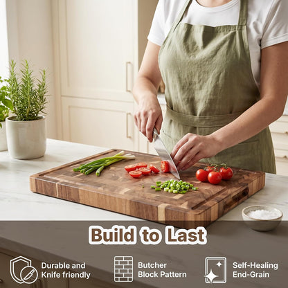 Acacia Wood End Grain Cutting Board, Medium 17 x 13 x 1.5in, Knife-Friendly Butcher Block with Juice Groove, Inner Handles, Food Well, Reversible Heavy-Duty Serving & Chopping Board, Gift Box Included