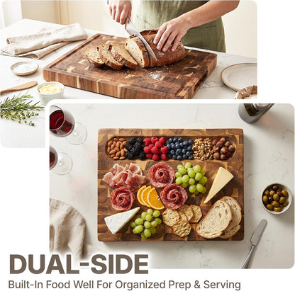 Acacia Wood End Grain Cutting Board, Medium 17 x 13 x 1.5in, Knife-Friendly Butcher Block with Juice Groove, Inner Handles, Food Well, Reversible Heavy-Duty Serving & Chopping Board, Gift Box Included