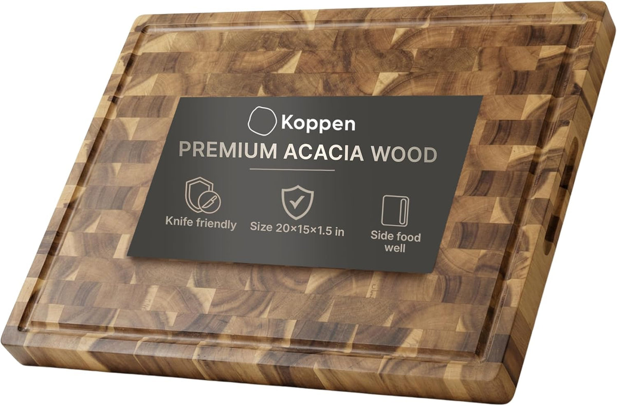 Acacia Wood End Grain Cutting Board, Medium 17 x 13 x 1.5in, Knife-Friendly Butcher Block with Juice Groove, Inner Handles, Food Well, Reversible Heavy-Duty Serving & Chopping Board, Gift Box Included