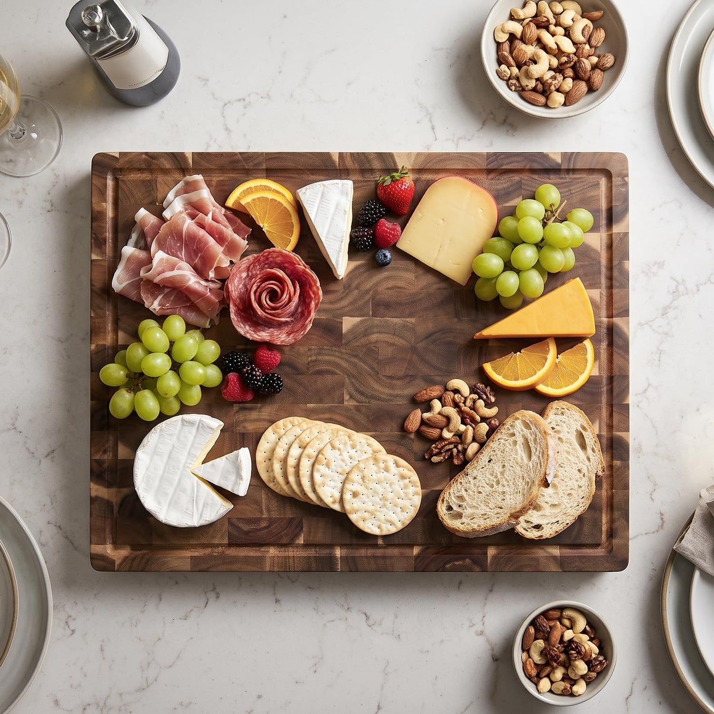 Acacia Wood End Grain Cutting Board, Medium 17 x 13 x 1.5in, Knife-Friendly Butcher Block with Juice Groove, Inner Handles, Food Well, Reversible Heavy-Duty Serving & Chopping Board, Gift Box Included