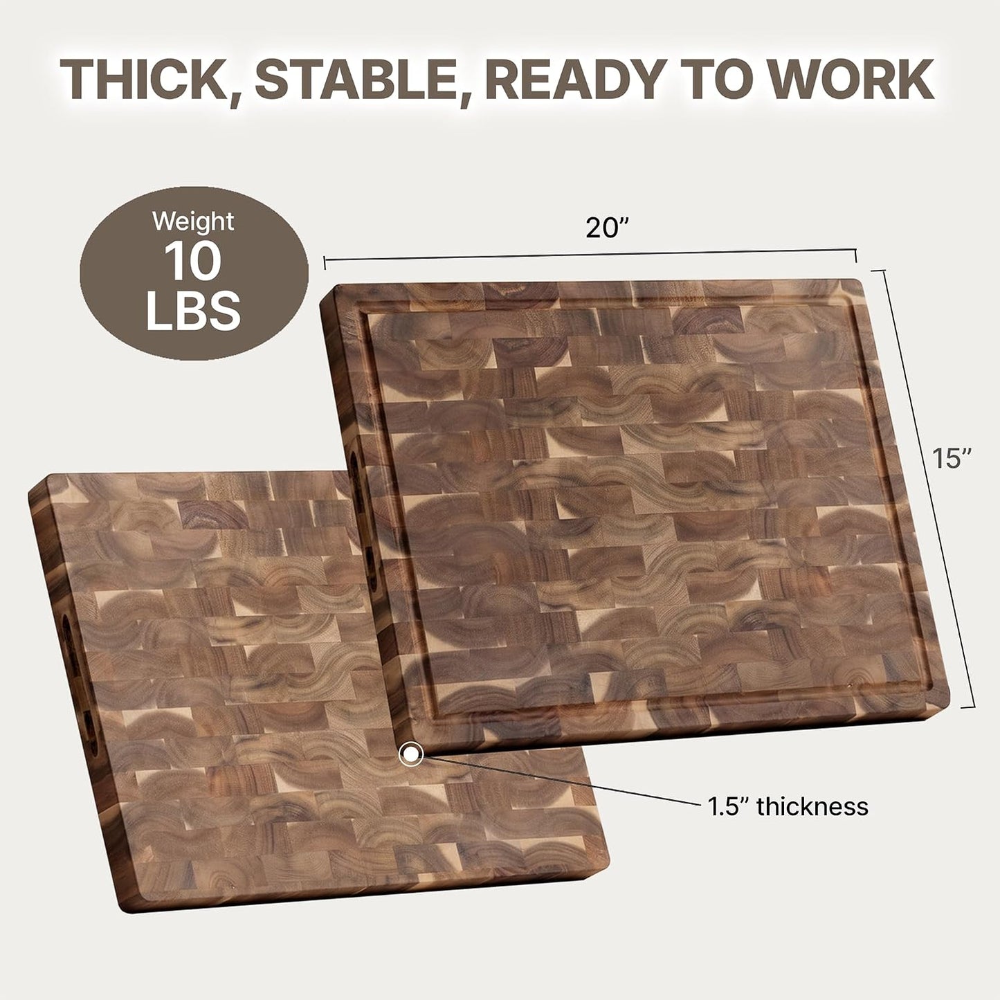 Acacia Wood End Grain Cutting Board, Medium 17 x 13 x 1.5in, Knife-Friendly Butcher Block with Juice Groove, Inner Handles, Food Well, Reversible Heavy-Duty Serving & Chopping Board, Gift Box Included