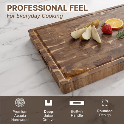 Acacia Wood End Grain Cutting Board, Medium 17 x 13 x 1.5in, Knife-Friendly Butcher Block with Juice Groove, Inner Handles, Food Well, Reversible Heavy-Duty Serving & Chopping Board, Gift Box Included