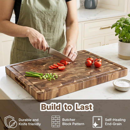 Acacia Wood End Grain Cutting Board, Medium 17 x 13 x 1.5in, Knife-Friendly Butcher Block with Juice Groove, Inner Handles, Food Well, Reversible Heavy-Duty Serving & Chopping Board, Gift Box Included