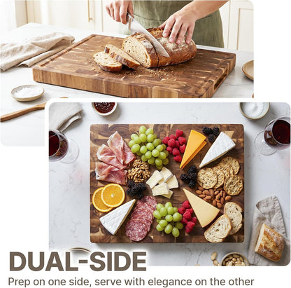 Acacia Wood End Grain Cutting Board, Medium 17 x 13 x 1.5in, Knife-Friendly Butcher Block with Juice Groove, Inner Handles, Food Well, Reversible Heavy-Duty Serving & Chopping Board, Gift Box Included