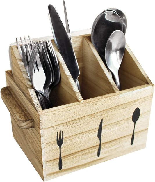 Wooden Utensil Caddy with Handles | Rustic Elegant Wooden Flatware Organizer Caddy, Oak Color, 7'W x 5.5'D x 6.63'H