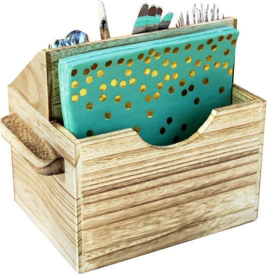 Wooden Utensil Caddy with Handles | Rustic Elegant Wooden Flatware Organizer Caddy, Oak Color, 7'W x 5.5'D x 6.63'H