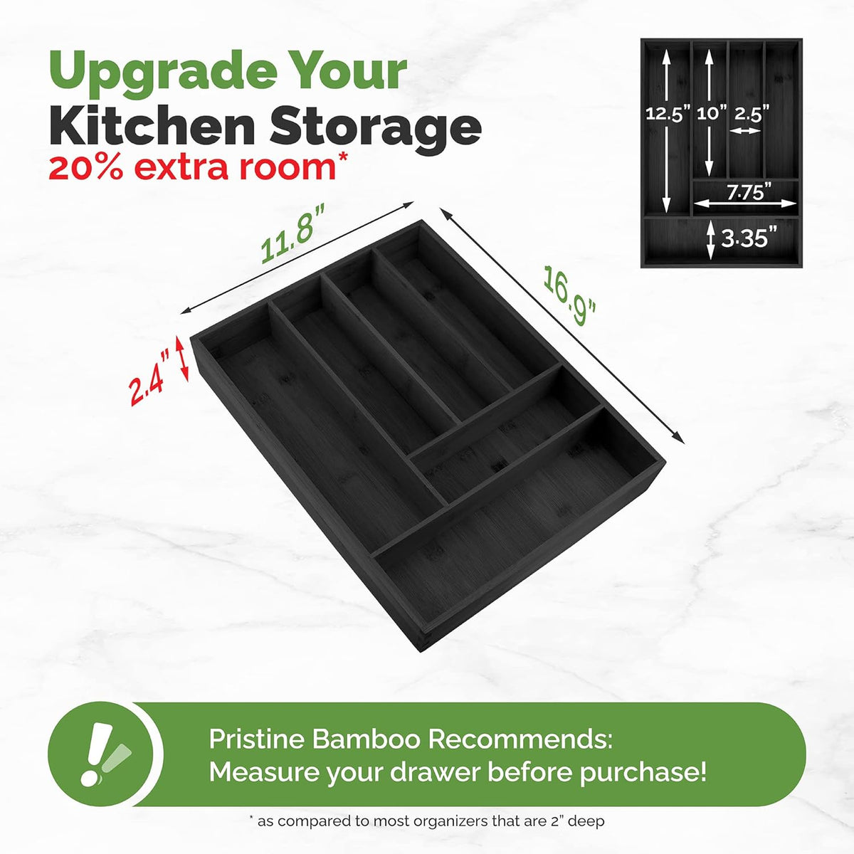Silverware Organizer - Small Extra-Deep Wooden Kitchen Drawer Organizer Divider for Spoons, Forks, Knives & Cutleries - 5 Slots