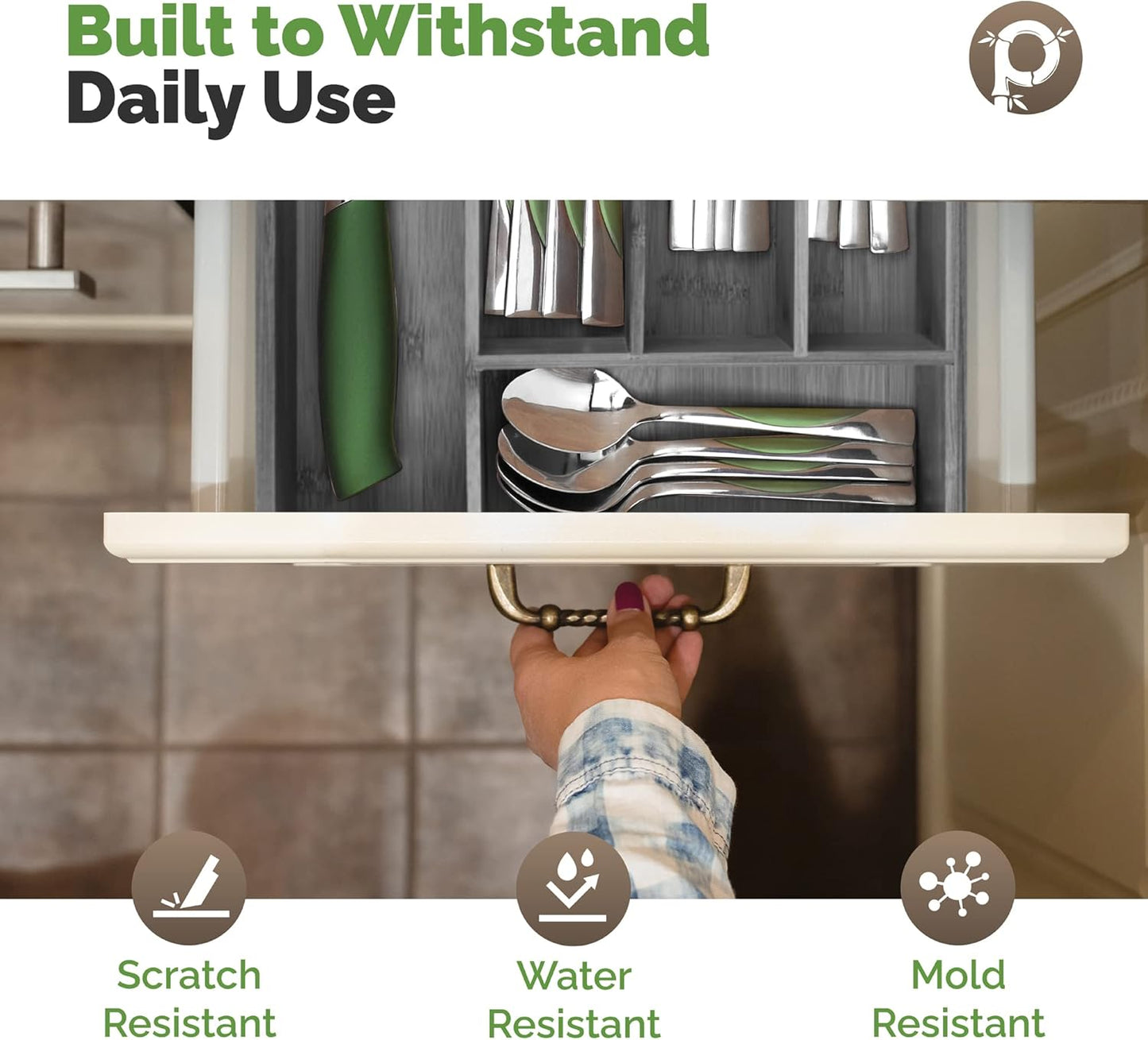 Silverware Organizer - Small Extra-Deep Wooden Kitchen Drawer Organizer Divider for Spoons, Forks, Knives & Cutleries - 5 Slots