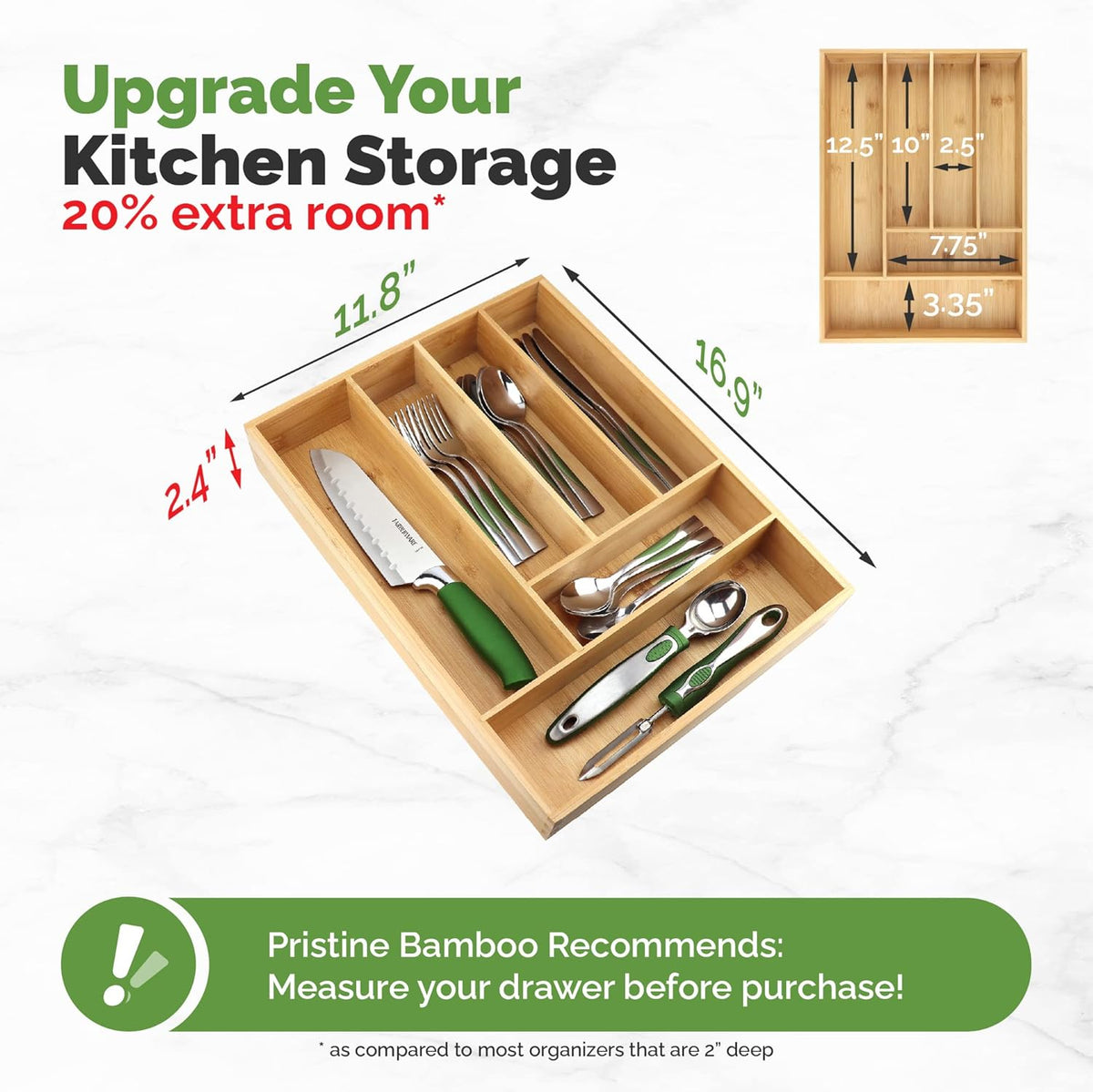 Silverware Organizer - Small Extra-Deep Wooden Kitchen Drawer Organizer Divider for Spoons, Forks, Knives & Cutleries - 5 Slots