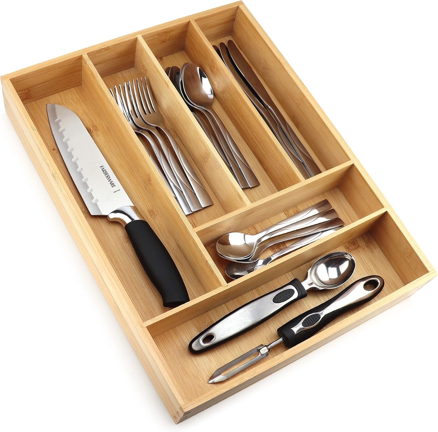 Silverware Organizer - Small Extra-Deep Wooden Kitchen Drawer Organizer Divider for Spoons, Forks, Knives & Cutleries - 5 Slots