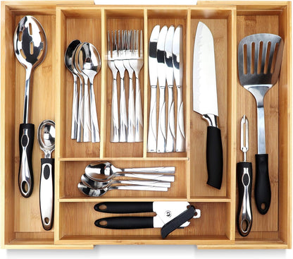 Silverware Organizer - Small Extra-Deep Wooden Kitchen Drawer Organizer Divider for Spoons, Forks, Knives & Cutleries - 5 Slots