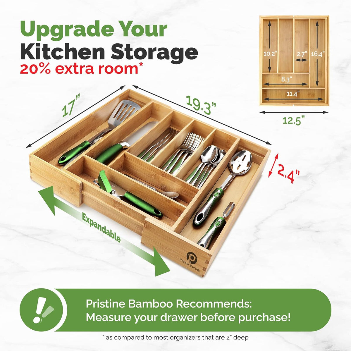 Silverware Organizer - Small Extra-Deep Wooden Kitchen Drawer Organizer Divider for Spoons, Forks, Knives & Cutleries - 5 Slots