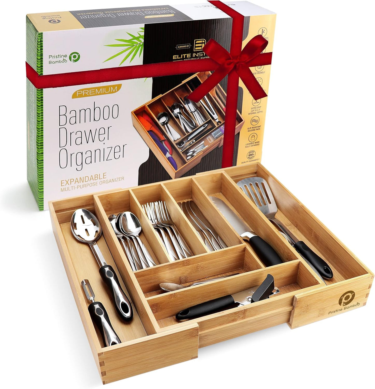 Silverware Organizer - Small Extra-Deep Wooden Kitchen Drawer Organizer Divider for Spoons, Forks, Knives & Cutleries - 5 Slots