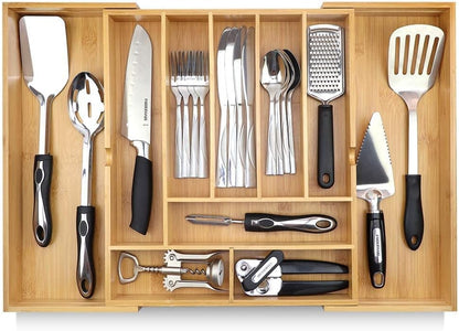 Silverware Organizer - Small Extra-Deep Wooden Kitchen Drawer Organizer Divider for Spoons, Forks, Knives & Cutleries - 5 Slots