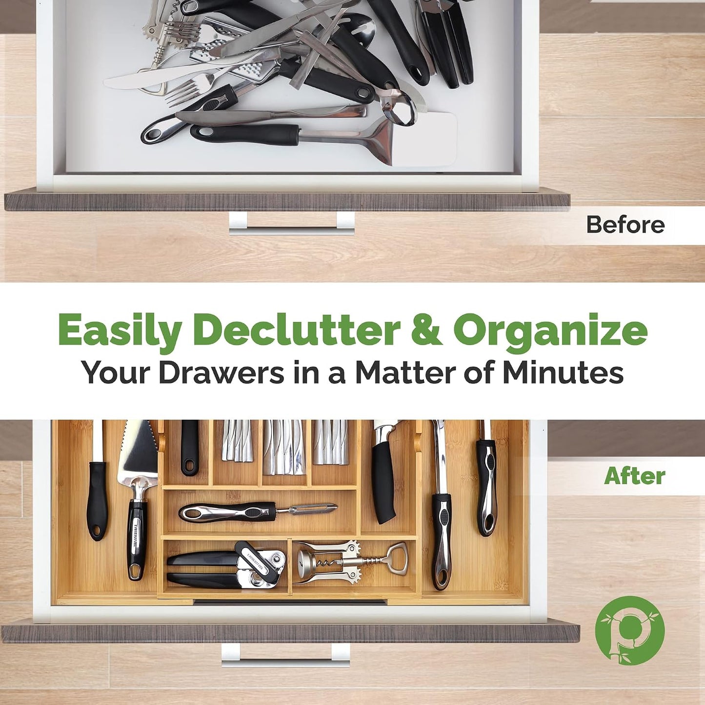 Silverware Organizer - Small Extra-Deep Wooden Kitchen Drawer Organizer Divider for Spoons, Forks, Knives & Cutleries - 5 Slots