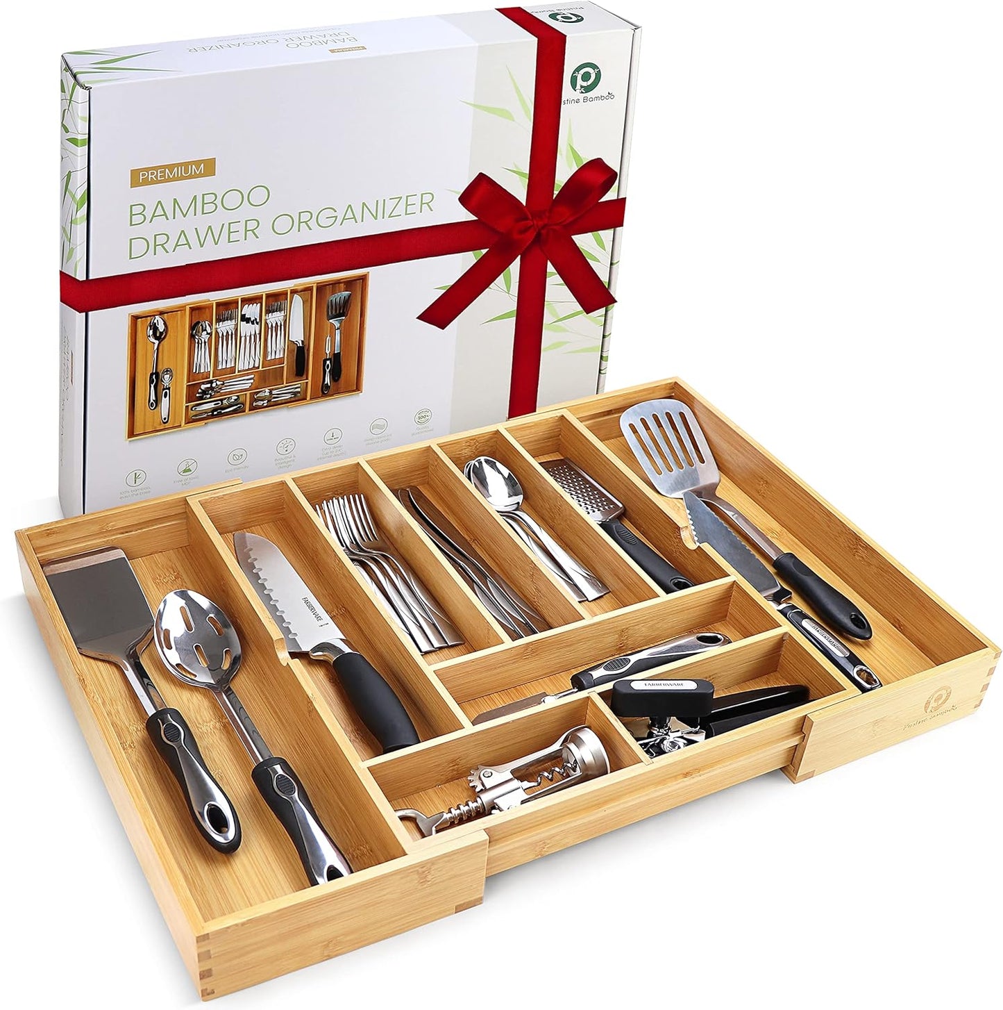 Silverware Organizer - Small Extra-Deep Wooden Kitchen Drawer Organizer Divider for Spoons, Forks, Knives & Cutleries - 5 Slots