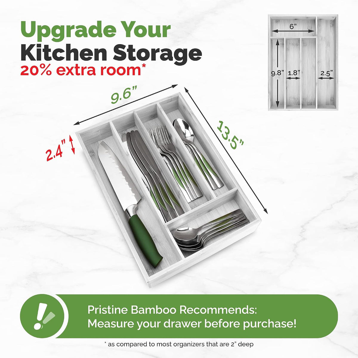 Silverware Organizer - Small Extra-Deep Wooden Kitchen Drawer Organizer Divider for Spoons, Forks, Knives & Cutleries - 5 Slots