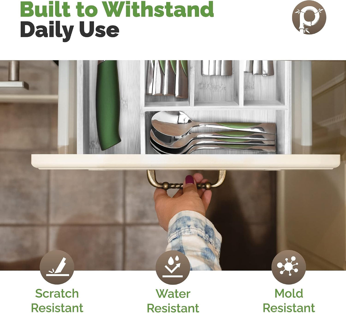 Silverware Organizer - Small Extra-Deep Wooden Kitchen Drawer Organizer Divider for Spoons, Forks, Knives & Cutleries - 5 Slots