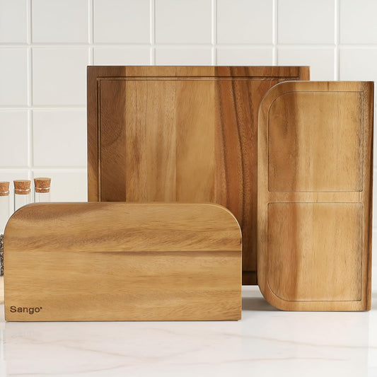 Acacia Cutting Board Set with Juice Grooves and Partitions for Serving, 3-Piece- Wood Chopping Boards, Stackable & Reversible for Kitchen, Non-Toxic, Perfect as Butcher Block Countertop, Atelier