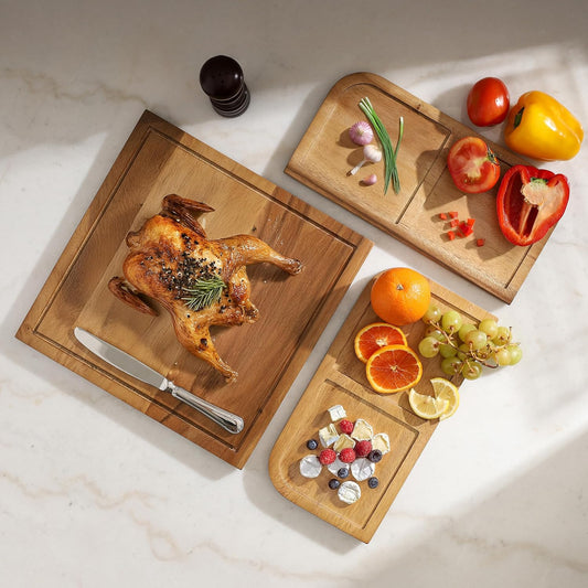 Acacia Cutting Board Set with Juice Grooves and Partitions for Serving, 3-Piece- Wood Chopping Boards, Stackable & Reversible for Kitchen, Non-Toxic, Perfect as Butcher Block Countertop, Atelier