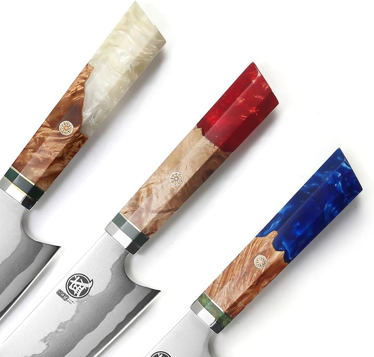8-Inch Kiritsuke Chef Knife, 7-Layer 440C Damascus | Long flat edge for clean slicing, angled tip for detail cuts, blue pomegranate handle, sandalwood box