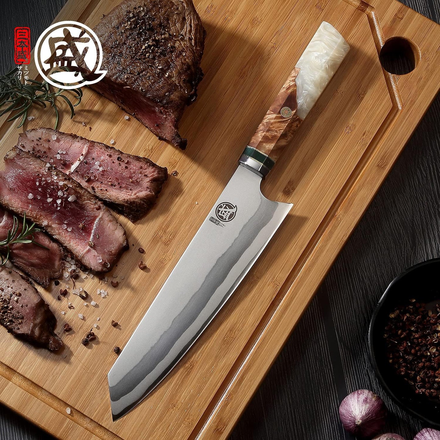8-Inch Kiritsuke Chef Knife, 7-Layer 440C Damascus | Long flat edge for clean slicing, angled tip for detail cuts, blue pomegranate handle, sandalwood box