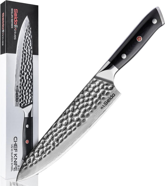 Seido Shujin 8 Inch VG10 Damascus Gyuto Chef Knife, Black G10 Handle | Traditional Japanese-style gyuto with VG10 Damascus blade and black G10 handle for balanced slicing and prep.