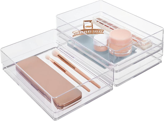 SimpleSort 3-Piece Stackable Clear Drawer Organizer Set | 9" x 6" x 2" Rectangle Trays | Wide Makeup Vanity Storage Bins and Office Desk Drawer Dividers | Made in USA