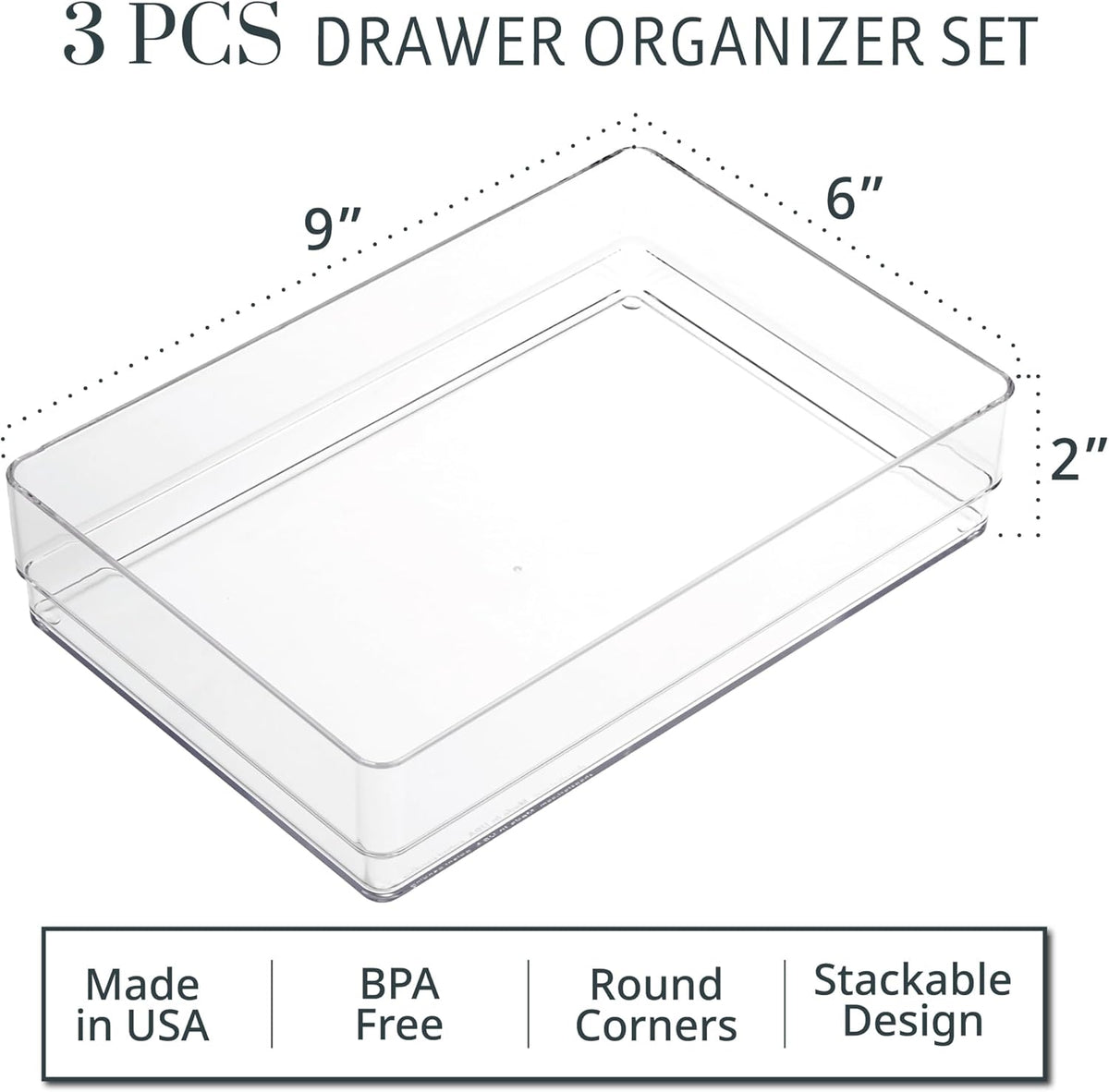 SimpleSort 3-Piece Stackable Clear Drawer Organizer Set | 9" x 6" x 2" Rectangle Trays | Wide Makeup Vanity Storage Bins and Office Desk Drawer Dividers | Made in USA