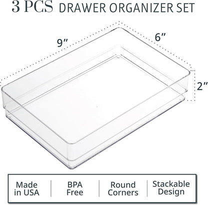 SimpleSort 3-Piece Stackable Clear Drawer Organizer Set | 9" x 6" x 2" Rectangle Trays | Wide Makeup Vanity Storage Bins and Office Desk Drawer Dividers | Made in USA
