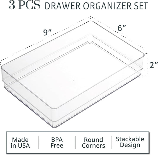 SimpleSort 3-Piece Stackable Clear Drawer Organizer Set | 9" x 6" x 2" Rectangle Trays | Wide Makeup Vanity Storage Bins and Office Desk Drawer Dividers | Made in USA
