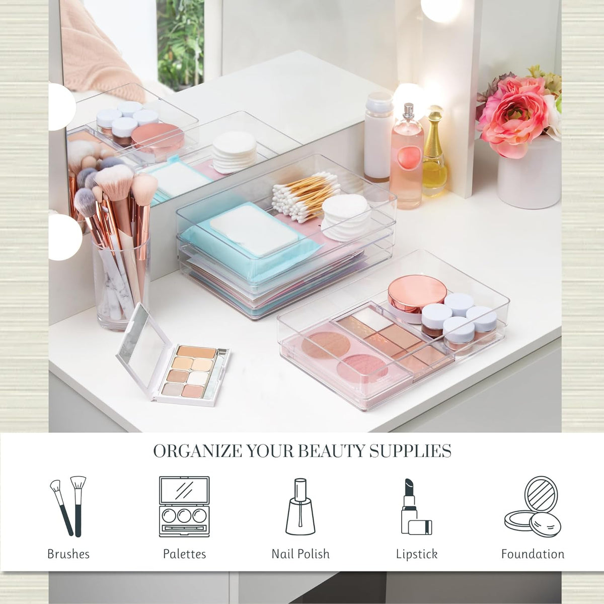 SimpleSort 3-Piece Stackable Clear Drawer Organizer Set | 9" x 6" x 2" Rectangle Trays | Wide Makeup Vanity Storage Bins and Office Desk Drawer Dividers | Made in USA