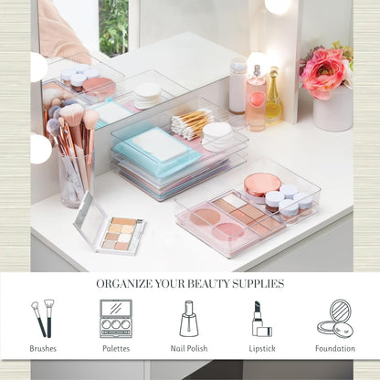 SimpleSort 3-Piece Stackable Clear Drawer Organizer Set | 9" x 6" x 2" Rectangle Trays | Wide Makeup Vanity Storage Bins and Office Desk Drawer Dividers | Made in USA