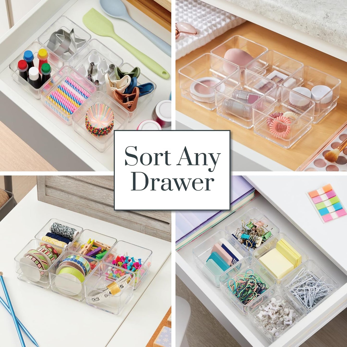 SimpleSort 3-Piece Stackable Clear Drawer Organizer Set | 9" x 6" x 2" Rectangle Trays | Wide Makeup Vanity Storage Bins and Office Desk Drawer Dividers | Made in USA