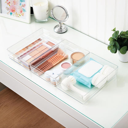 SimpleSort 3-Piece Stackable Clear Drawer Organizer Set | 9" x 6" x 2" Rectangle Trays | Wide Makeup Vanity Storage Bins and Office Desk Drawer Dividers | Made in USA