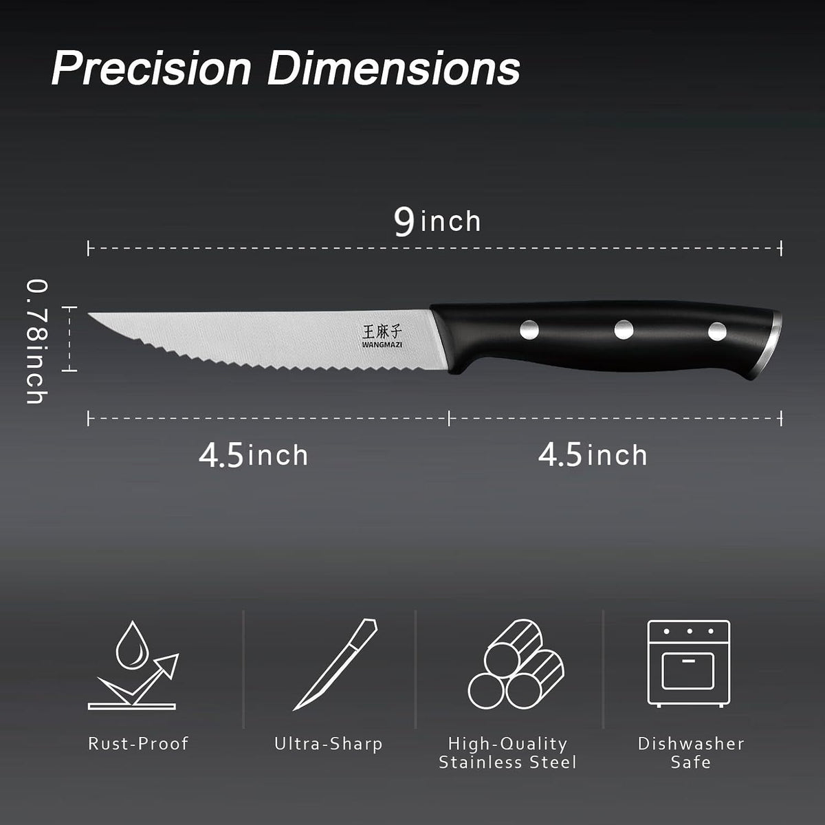 WANGMAZI Exquisite Steak Knife Set of 4,High-carbon Stainless Steel Forged